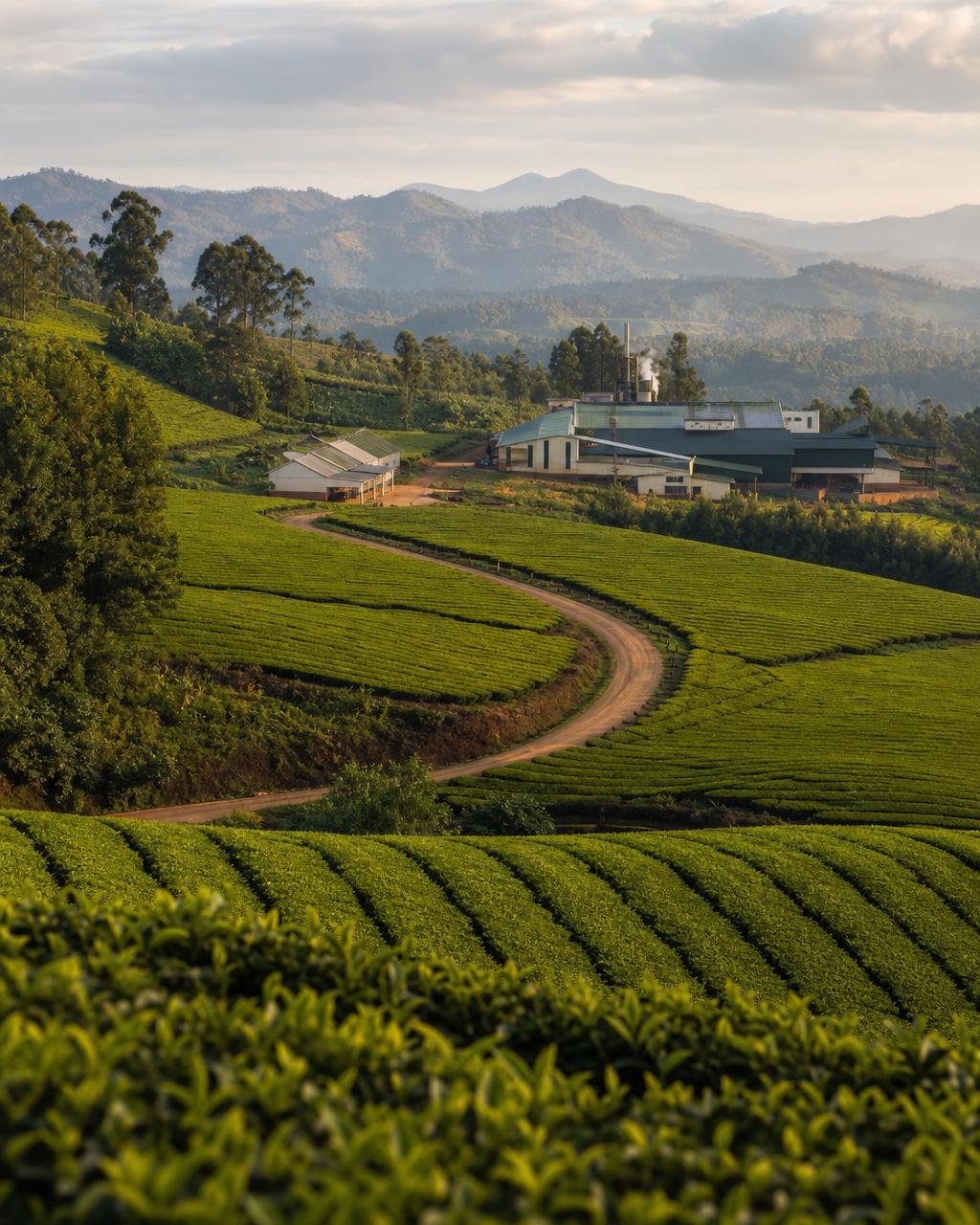 Sweeping East African highland agricultural landscape with commercial tea plantations, a winding farm road and modern processing infrastructure at natural daylight