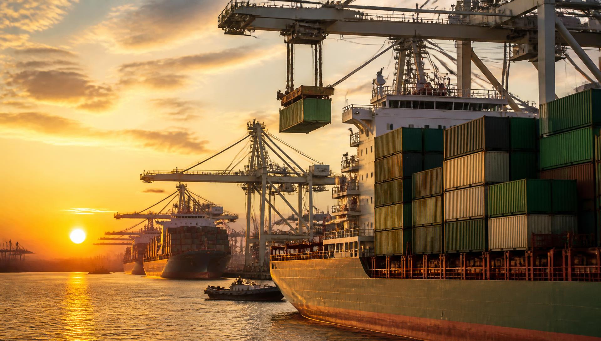 Container ship being loaded by gantry cranes at an international port at sunset