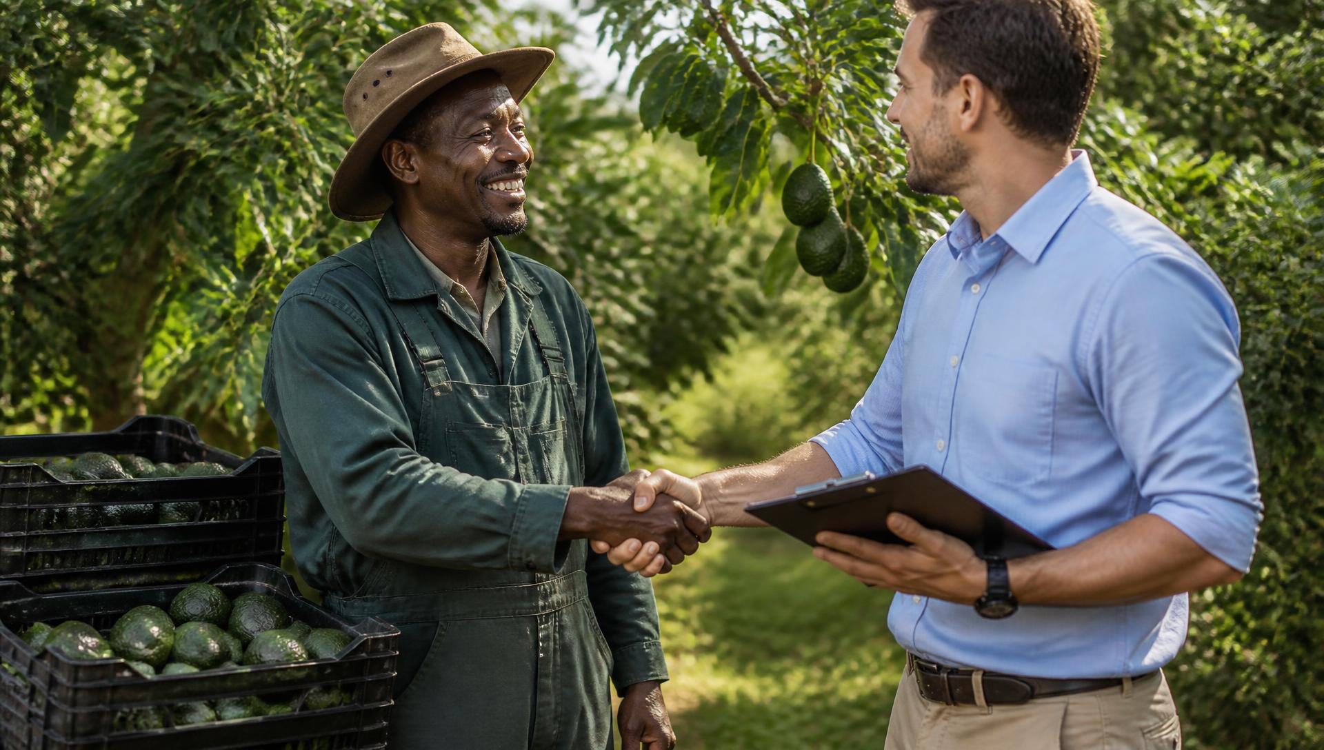 Avocado grower and international buyer shaking hands at origin