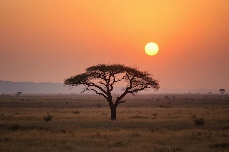 Lone acacia tree on the Kenyan savannah at sunrise