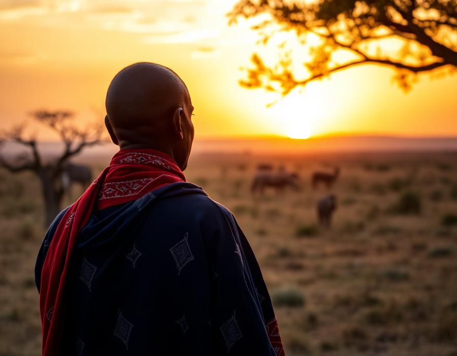 Maasai guide looking out across the savannah at sunrise