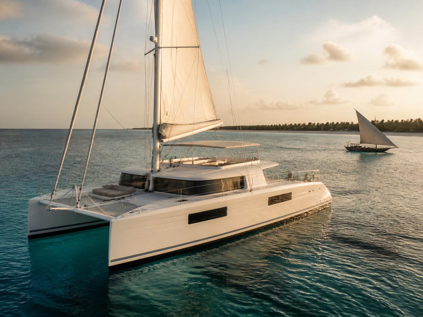 Private catamaran anchored on turquoise water off the Kenyan coast at golden hour