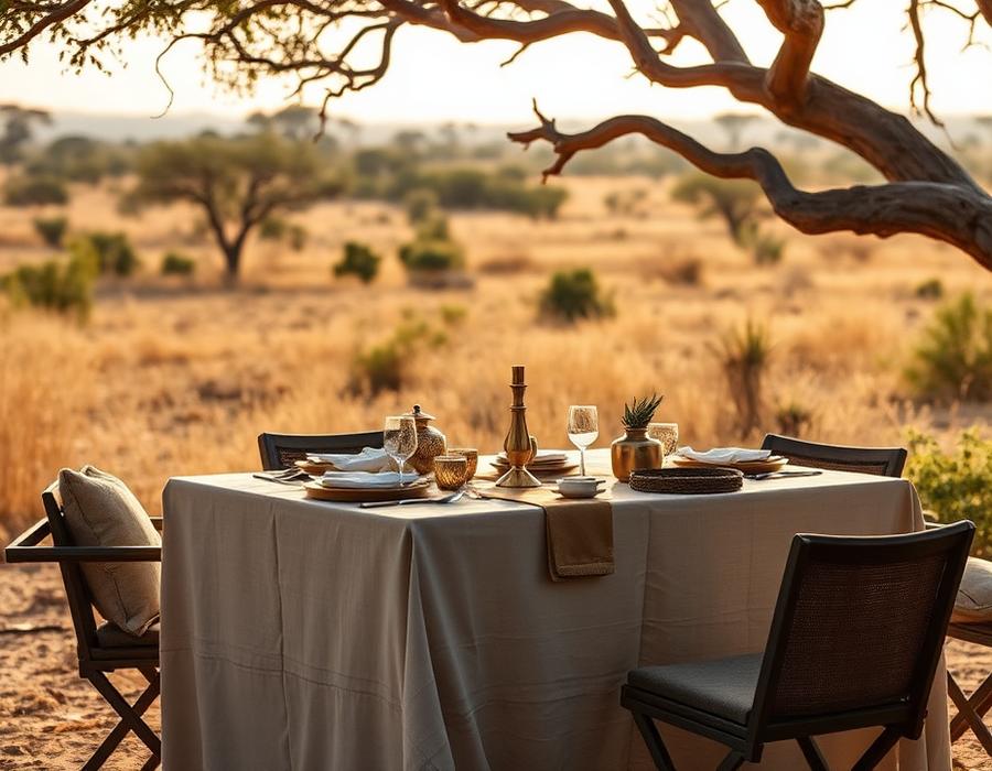 Table laid for a private bush breakfast on the savannah