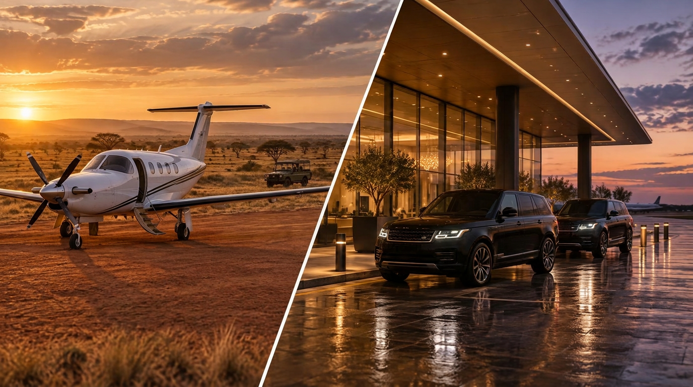 Split view: a private turboprop aircraft and Land Cruiser on a remote Kenyan bush runway, beside black luxury SUVs waiting at a private airport terminal
