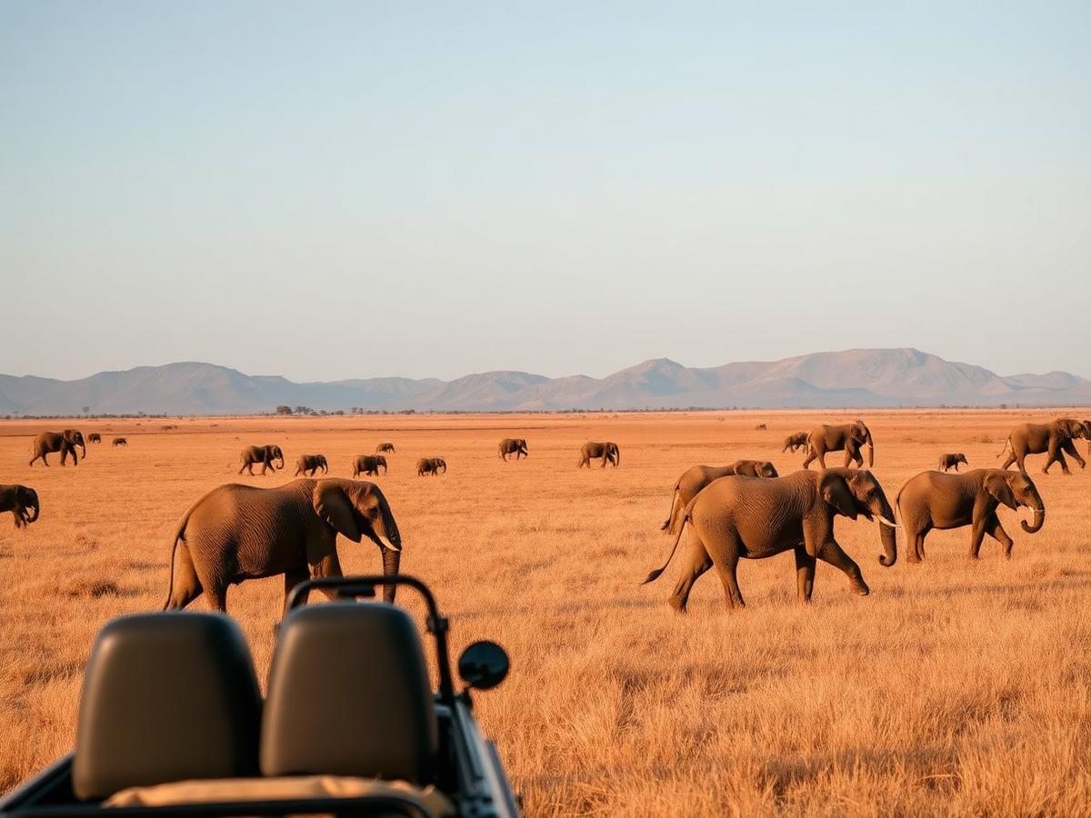 Elephant herd crossing open grassland during a private game drive in Kenya