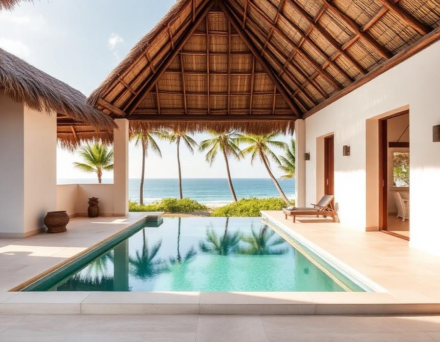 Thatched beach house with a pool overlooking the Indian Ocean at Watamu