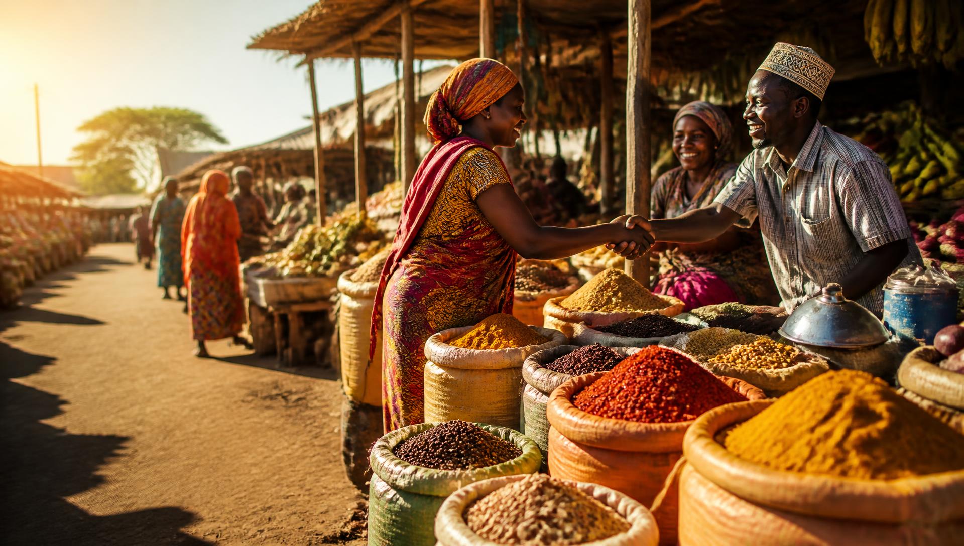 Sunlit East African market with colourful sacks of spices and traders shaking hands