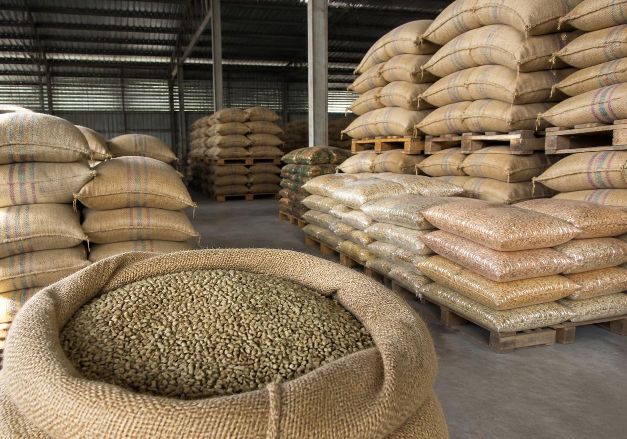 Jute sacks of green coffee beans, pulses and grain stacked on pallets in a commodity warehouse