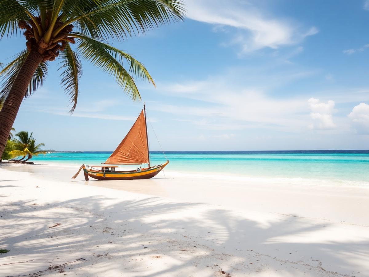 Traditional dhow resting on a white sand beach on the Kenyan coast