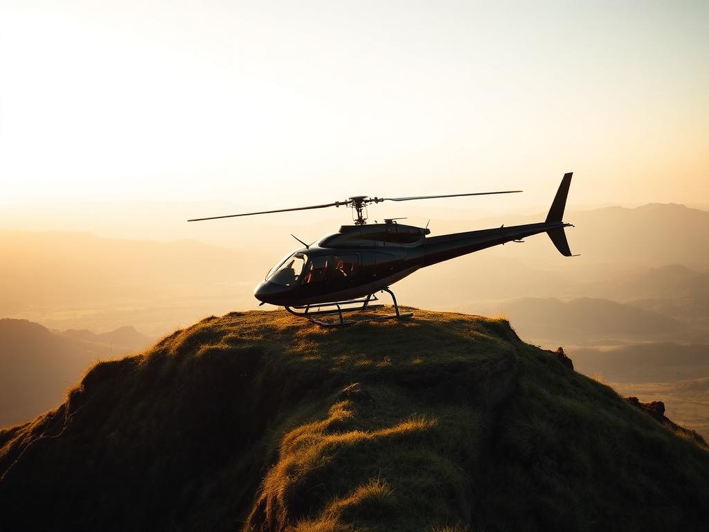 Private helicopter on a ridge above a Kenyan valley at sunrise