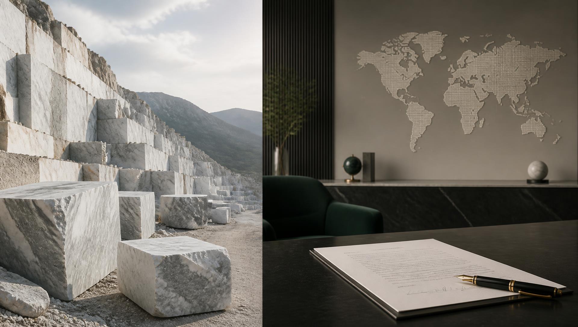 Raw marble blocks in a quarry alongside a signed international trade agreement
