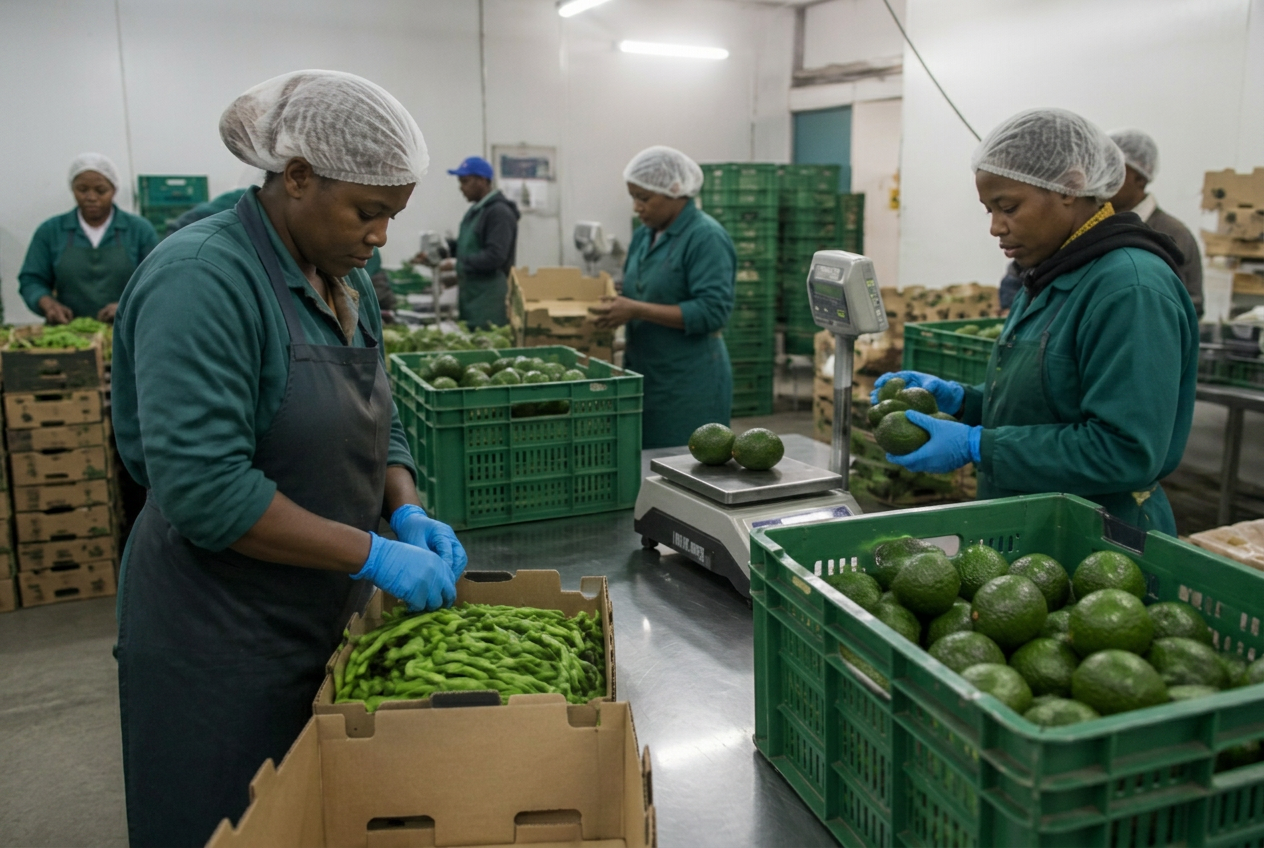 Gloved workers in hairnets weighing and packing avocados and green beans into export cartons in a Kenyan packhouse