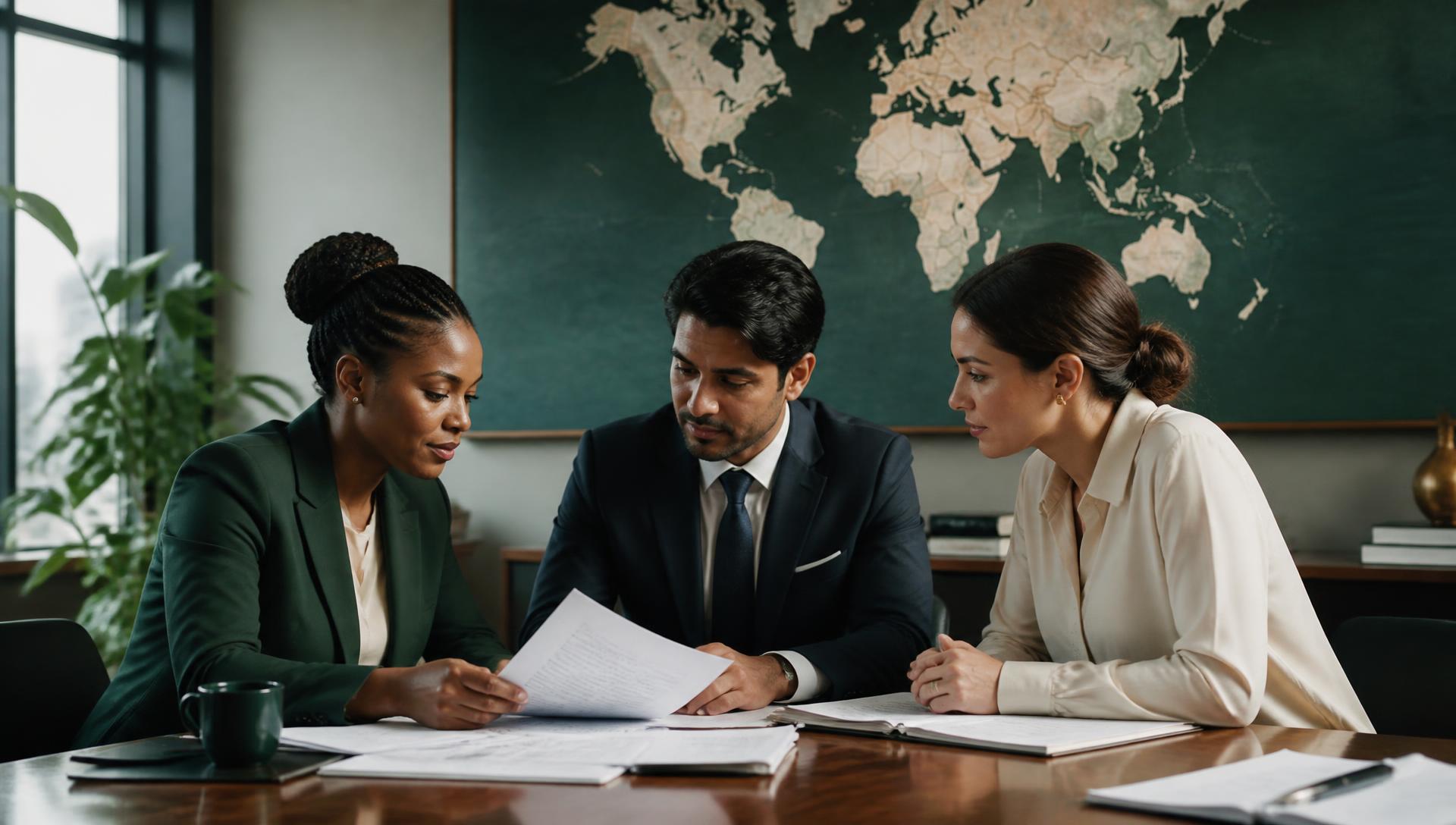 International trade professionals from different backgrounds reviewing shipping documents beneath a world map