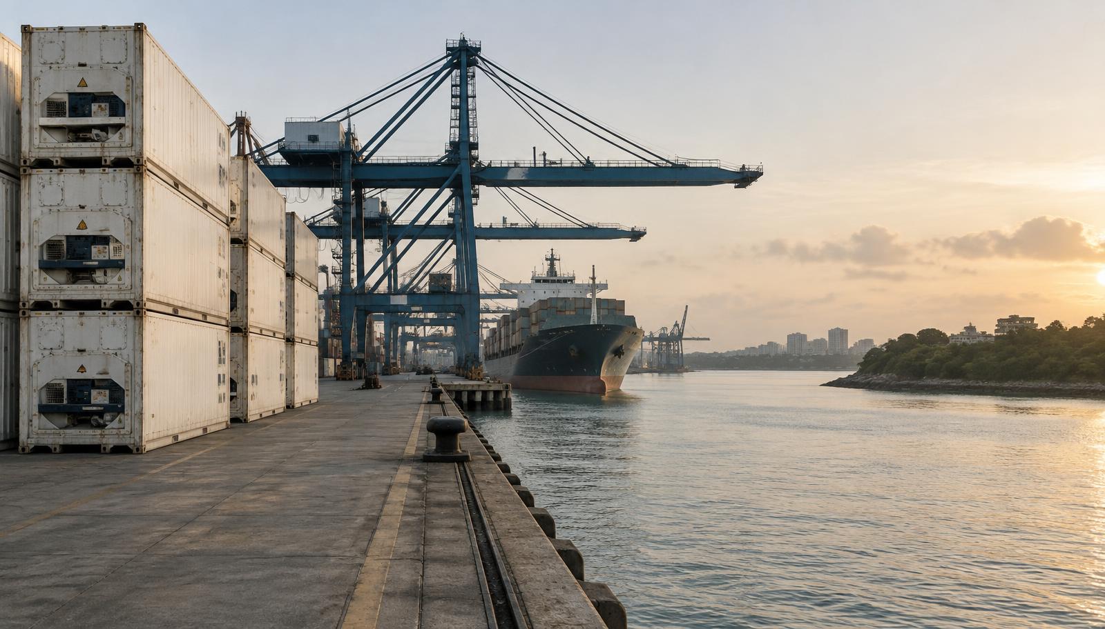 Refrigerated reefer containers on the quay at Mombasa port, Kenya, at sunrise
