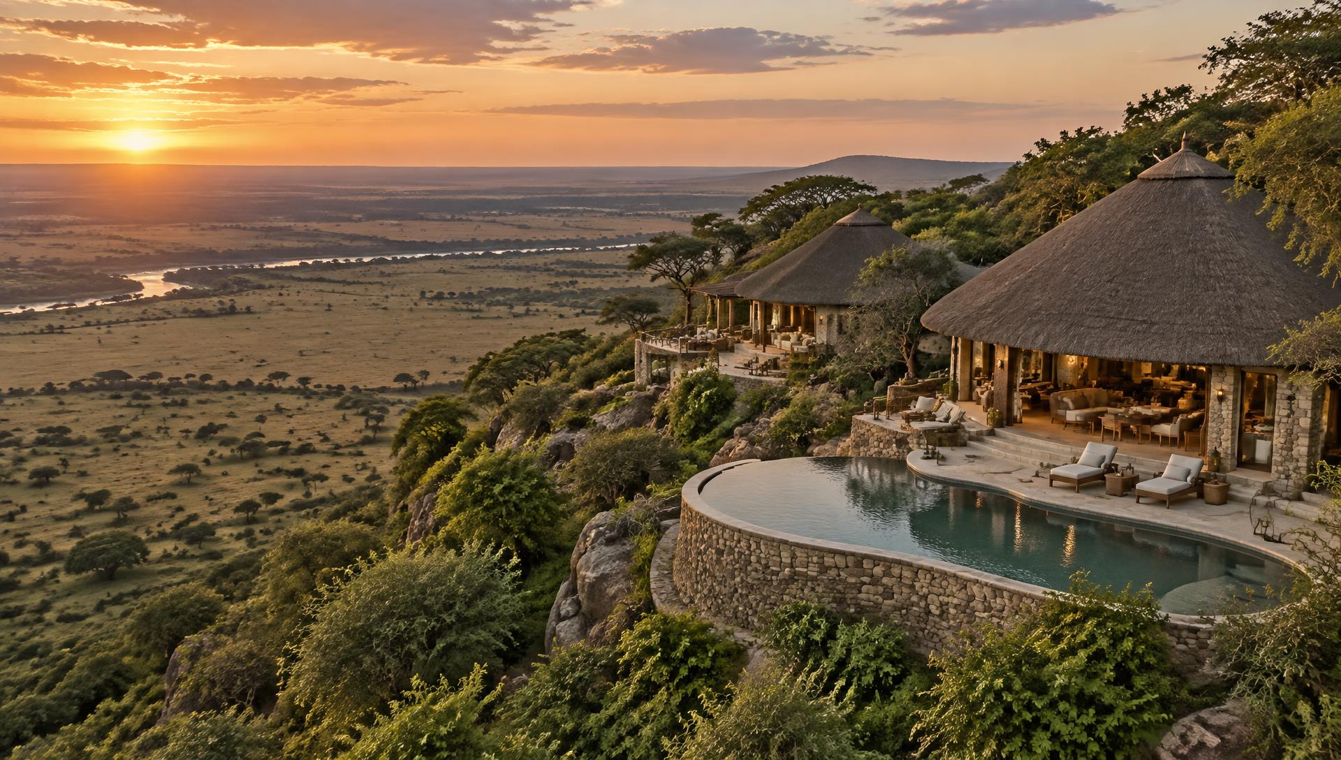 A thatched hillside safari villa with a stone infinity pool overlooking the Maasai Mara at sunset