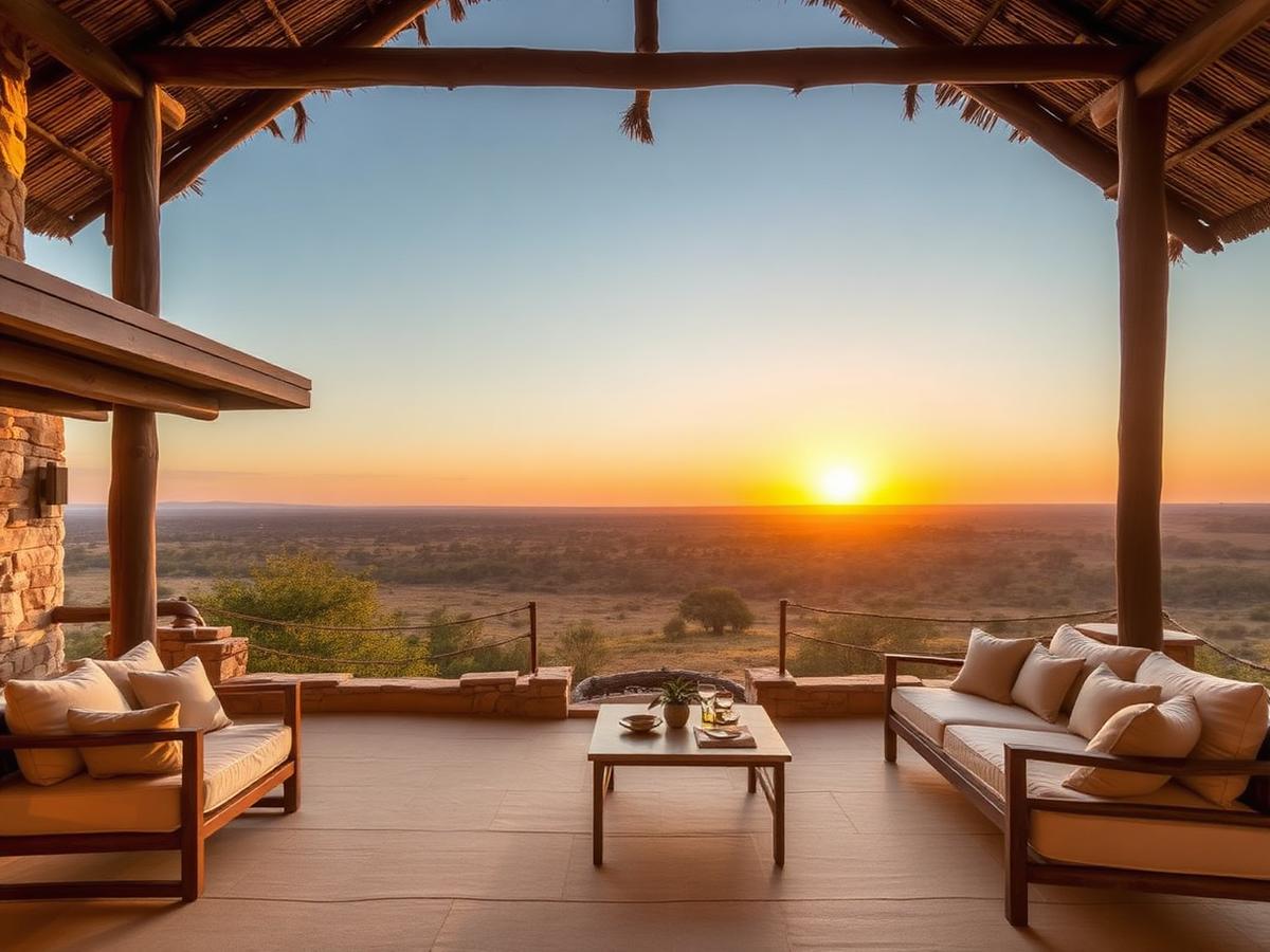 Safari lodge terrace overlooking an East African valley at sunset