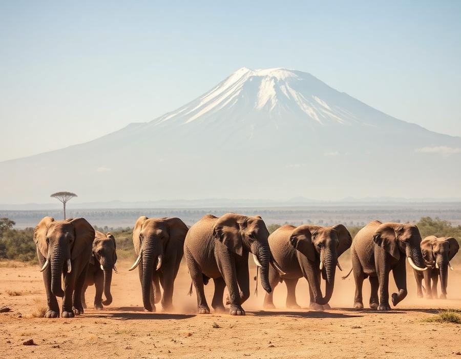 Elephants walking beneath Mount Kilimanjaro in Amboseli