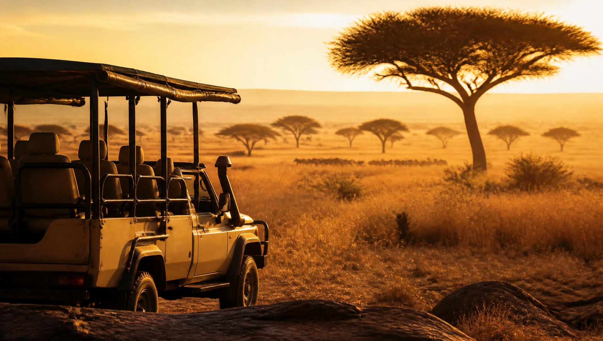 Private safari vehicle on the Maasai Mara plains at golden hour