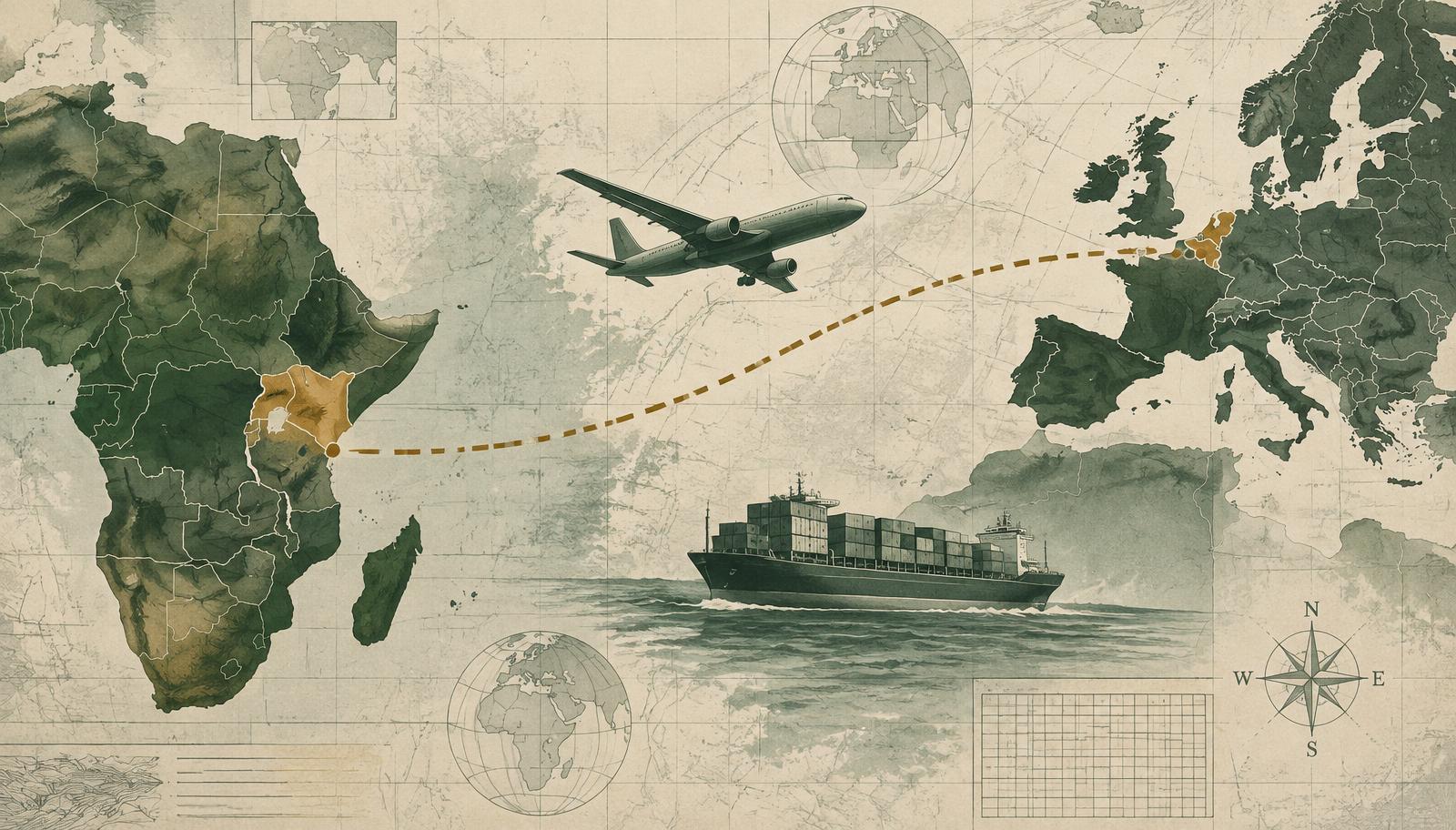 Editorial map illustrating sourcing routes between Kenya and European markets