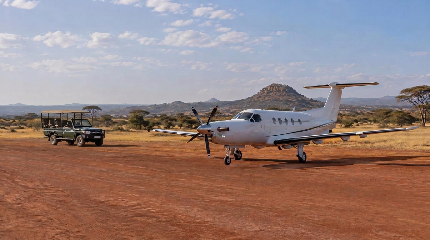 Pilatus PC-12 on a red-earth Laikipia airstrip in bright daylight, with a modern open-top safari Land Cruiser waiting at a distance