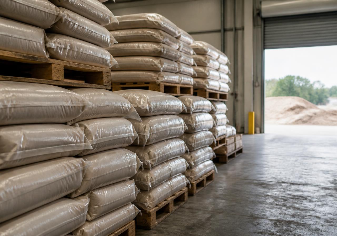 Stacked pallets of bagged bulk industrial material in a working warehouse