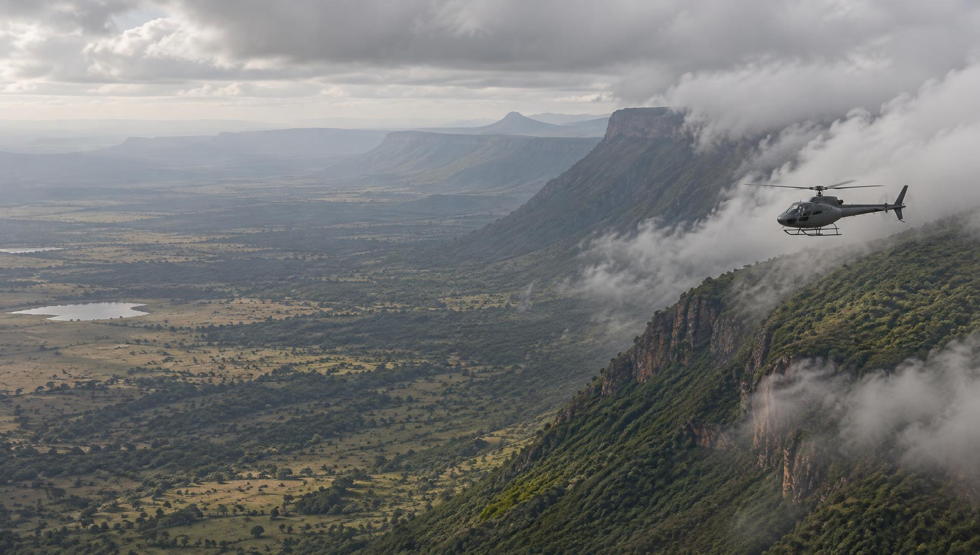 Private helicopter flying along a cloud-covered Rift Valley escarpment in Kenya