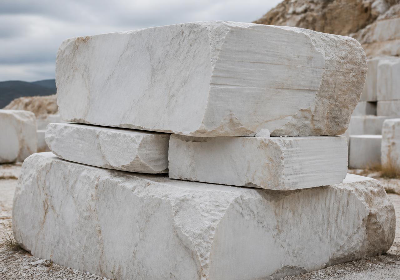 Rough-cut white marble blocks stacked in a working quarry yard