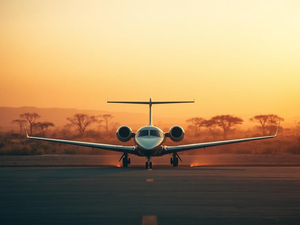 Private jet on a remote East African bush airstrip at golden hour