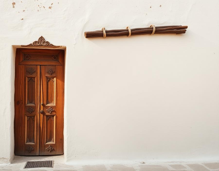 Carved wooden door in a whitewashed coral stone wall in Lamu old town