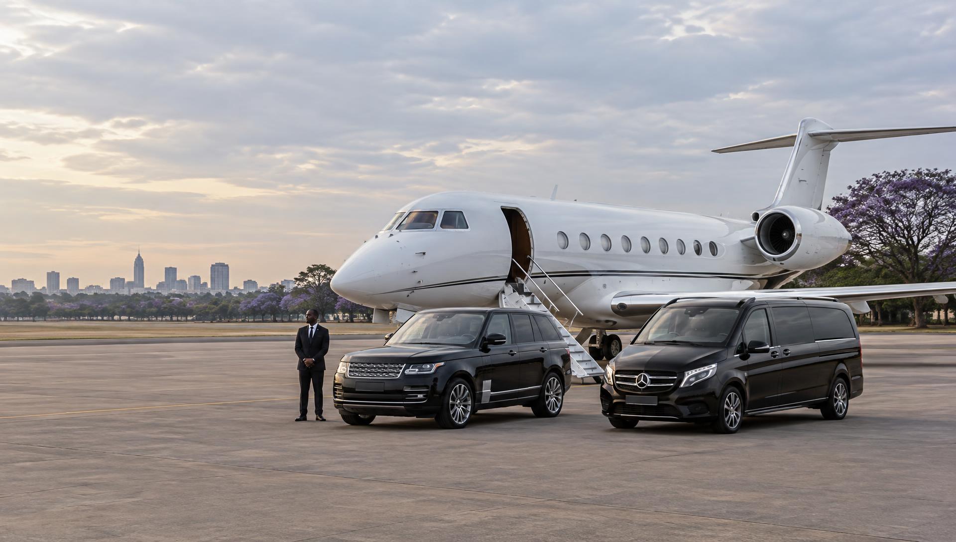 Long-range private jet at a Nairobi terminal on a soft overcast morning, with a chauffeur waiting beside a black Range Rover and a Mercedes V-Class