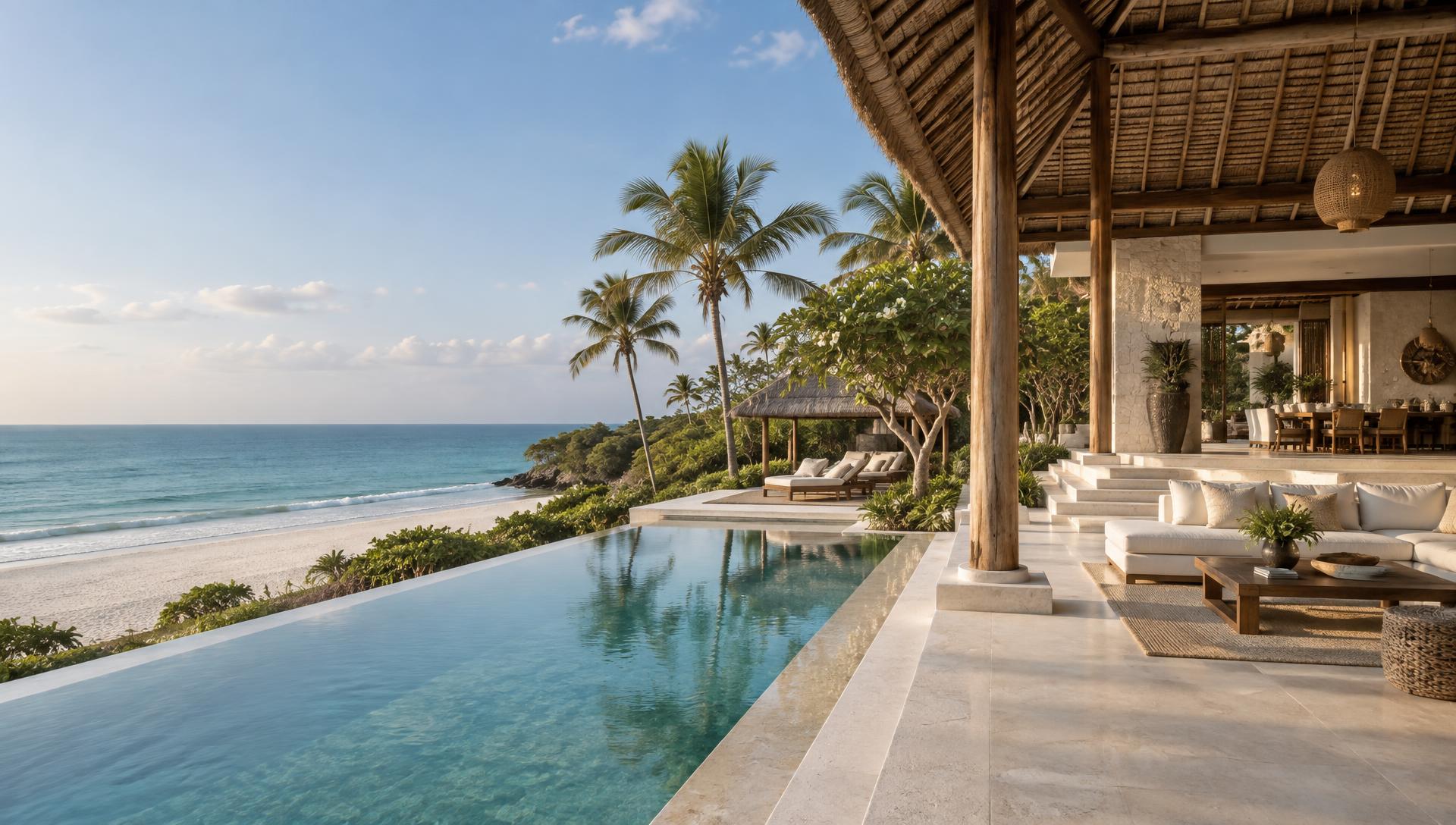 Infinity pool and open-air living pavilion of a private beachfront residence on the Kenyan coast, above white sand and the turquoise Indian Ocean