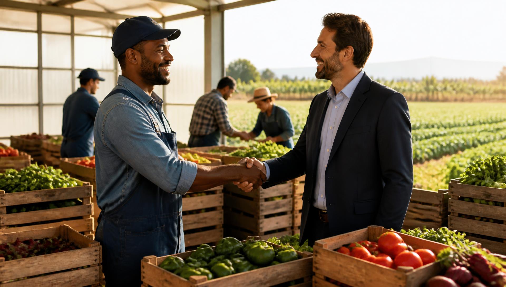 Agricultural producer and international buyer shaking hands beside crates of fresh produce