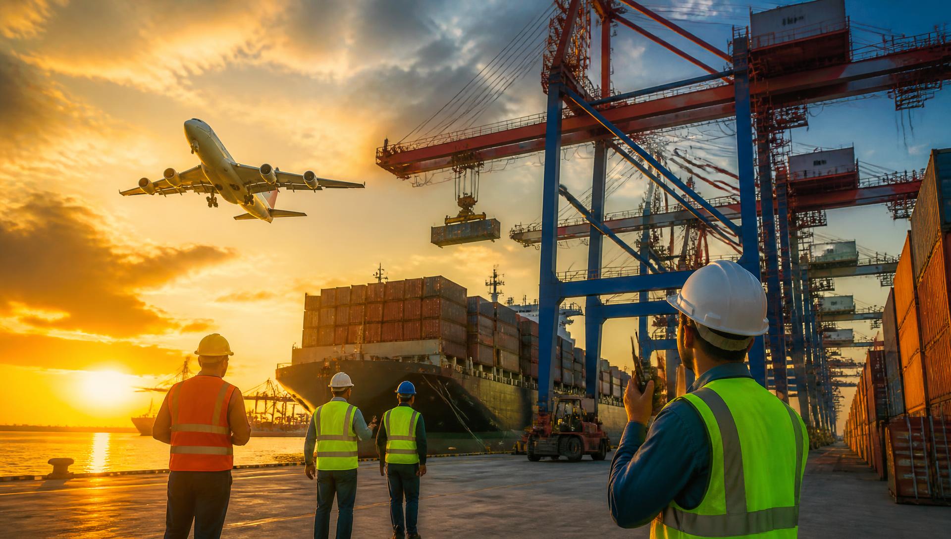 International cargo port with container ships, cranes and a cargo airplane at golden hour