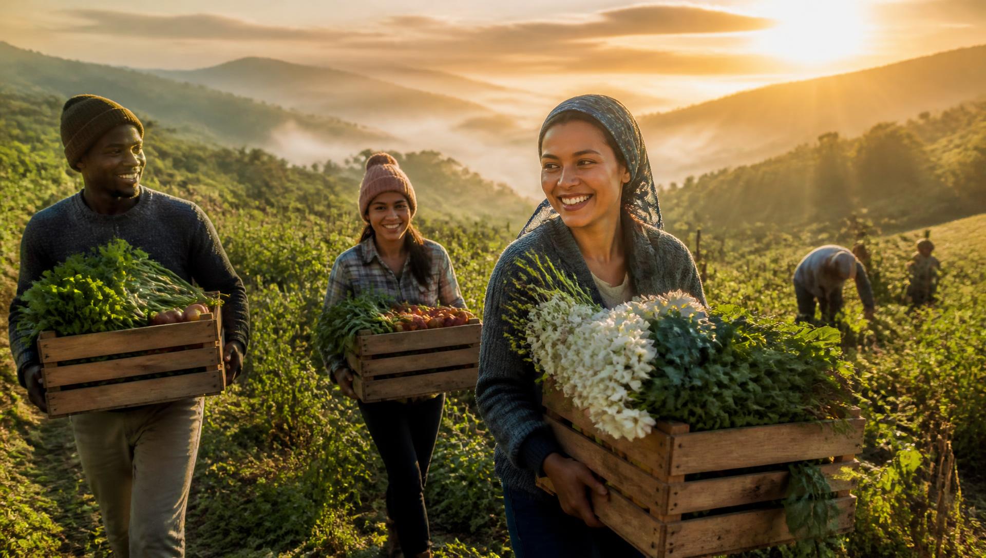 Farm workers carrying crates of fresh produce and flowers at sunrise in green highlands